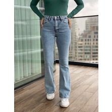 Trn JNS Miya Mavi Kar Yıkama Ispanyol Paça Kot Pantolon Yüksek Bel Flare Jeans Toparlayıcı Extra Rahat