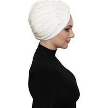 Fidan Bone Kopma Astarlı Işlemeli Krem Çiçek Dantel Motifli Hazır Türban Tesettür Abiye Bone