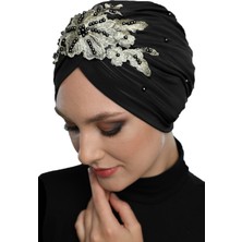 ELYSIANfidan Kopma Astarlı Işlemeli Siyah Sarı Dantel Motifli Hazır Türban Tesettür Abiye Bone