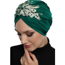 ELYSIANfidan Kopma Astarlı Işlemeli Yeşil Sarı Dantel Motifli Hazır Türban Tesettür Abiye Bone