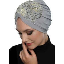 ELYSIANfidan Kopma Astarlı Işlemeli Açık Gri - Bej Dantel Motifli Hazır Türban Tesettür Abiye Bone