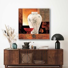 SML Tablo Yaprak Desenli Beyaz Vazo Kırmızı Kase Dökülen Yapraklar Dekoratif Kanvas Tablo