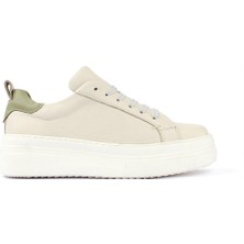 Kadın Bej Bağcıklı Kalın Tabanlı Deri Sneaker