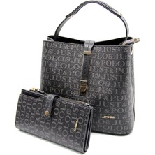 Just Polo Baskı Desenli Özel Seri Çanta Cüzdan Kombini 2055-GD  Siyah Kombin