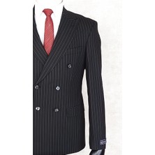 Jan Carlucci Slim Fit Sivri Yaka-Çift Yırtmaç  Siyah Çizgili Kruvaze Drop 6 Takım Elbise