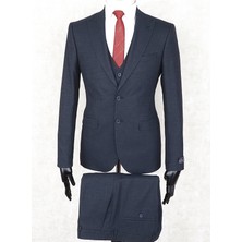 Jan Carlucci Slim Fit Sivri Yaka-Çift Yırtmaç  Lacivert Drop 6 Yelekli Takım Elbise
