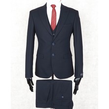 Jan Carlucci Slim Fit Sivri Yaka-Çift Yırtmaç  Lacivert Drop 6 Yelekli Takım Elbise