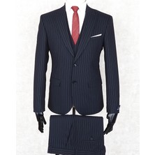 Jan Carlucci Slim Fit Sivri Yaka-Çift Yırtmaç  Lacivert Çizgili Drop 6 Yelekli Takım Elbise