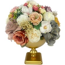 Nettenevime Yapay Çiçek Aranjmanı Büyük Boy Pudra Tonlar Gold Metal Vazolu Arajman Nişan Kız Isteme Çiçeği