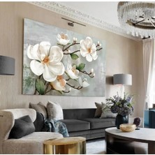 Kanvas Tablo Yağlı Boya Efetkli Gri Tabanlı Büyük Çiçek (Yeşil-Gri) Kanvas Tablo