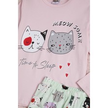 Pija Kids Pembe Meow Kedi Baskı Göz Bantlı Kız Çocuk Pijama Takımı 16340