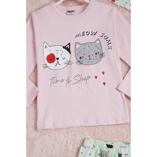 Pija Kids Pembe Meow Kedi Baskı Göz Bantlı Kız Çocuk Pijama Takımı 16340