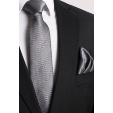 Esgue Hand Made 7.5 cm Gri Desenli Kravat Mendil