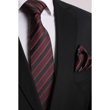 Esgue Hand Made 7.5 cm Bordo Siyah Çizgili Desen Kravat Mendil