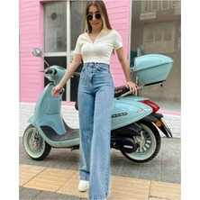 Trn JNS Carla Kadın Mavi Likralı Süper Yüksek Bel Salaş Palazzo Pantolon Geniş Paça Model