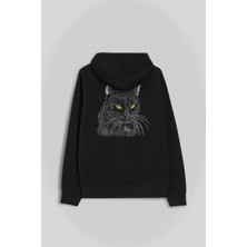 Kendim Seçtim Siyah Kedi Yeşil Gözlü Black Cat Silüet Çizim Ön ve Arka Baskılı Sweatshirt Kapüşonlu Hoodie