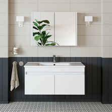 Banos Roomart 2 Kapaklı Lavabolu Beyaz Mdf 100 cm Banyo Dolabı + Aynalı Banyo Üst Dolabı