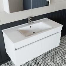 Banos Roomart 2 Kapaklı Lavabolu Beyaz Mdf 100 cm Banyo Dolabı + Aynalı Banyo Üst Dolabı