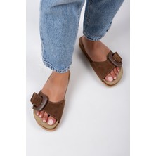 Manijero Alandra Kadın Deri Tek Bant Kahverengi Terlik