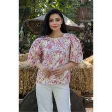 Küçüğüm Butik Turuncu Pastel Çiçekli Salaş Kesim Balon Kol Bluz