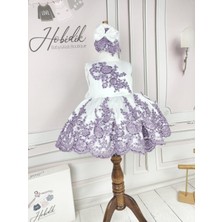 Hobidik Kız Çocuk Mor Fransız Dantelli Beyaz Boncuk Işlemeli Kabarık Elbise