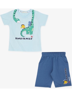 Breeze Girls & Boys Erkek Çocuk Şortlu Takım Mutlu Dinozor Aile Baskılı 1-4 Yaş, Açık Mavi