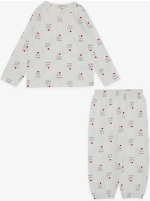 Breeze Kız Bebek Pijama Takımı Kalp Yazı Desenli 9 Ay-3 Yaş, Ekru