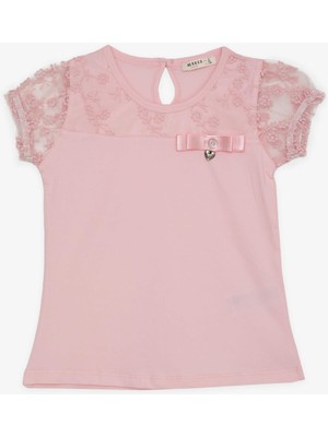 Breeze Kız Çocuk Tişört Nakışlı Kolları Tül Lastikli 5-10 Yaş, Pembe