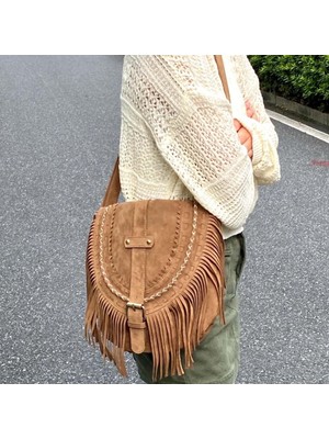 Conveyy El Yapımı Süet Bayan Omuz Çantası Püskül Eyer Çantası Satchel Moda Çanta BROWN01 (Yurt Dışından)