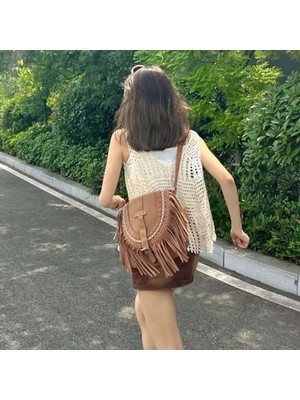 Conveyy El Yapımı Süet Bayan Omuz Çantası Püskül Eyer Çantası Satchel Moda Çanta BROWN01 (Yurt Dışından)