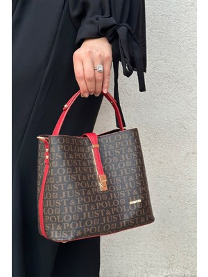 Just Polo Kahve Kırmızı Baskı Desenli Kilit Detaylı 3 Gözlü El ve Omuz Çantası 22X20CM PBU4002