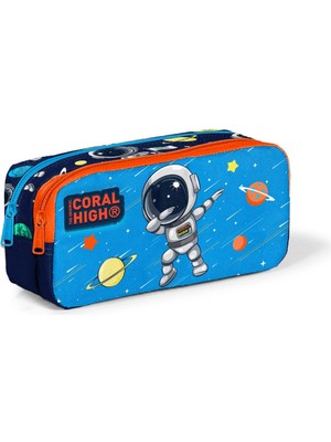 Coral High Kids Lacivert Mavi Astronot Desenli Iki Bölmeli Kalem Çantası Erkek Çocuk Kalemlik