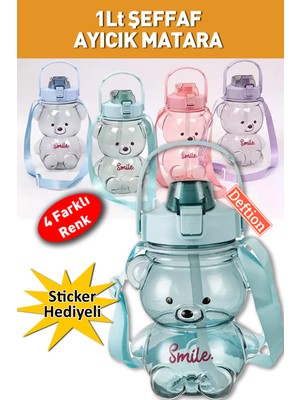 Deftion 1000ml Şeffaf Yeşil Sevimli Ayıcık Matara Ayıcıklı Motivasyon Okul Motive Spor Için 2D ve 3D Sticker Hediyeli