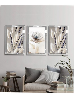 AVM19 Beyaz Çiçekli Pleksi Tablo 3lü MDF Malzemeden Dekoratif 120x60 cm Boyutlarında