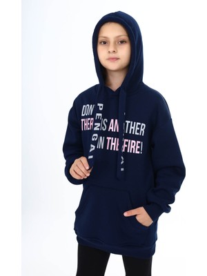 Pengai Lacivert Yazı Baskılı Polarlı Kız Çocuk Kapşonlu Sweatshirt 16437