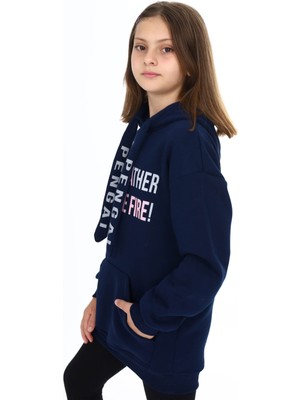 Pengai Lacivert Yazı Baskılı Polarlı Kız Çocuk Kapşonlu Sweatshirt 16437