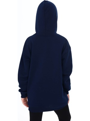 Pengai Lacivert Yazı Baskılı Polarlı Kız Çocuk Kapşonlu Sweatshirt 16437