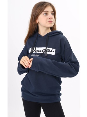 Pengai Lacivert Yazı Nakışlı Kapüşonlu Kız Çocuk Sweatshirt 16445