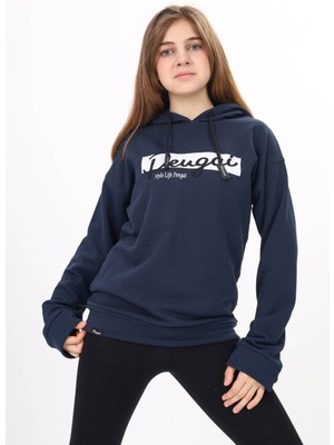 Pengai Lacivert Yazı Nakışlı Kapüşonlu Kız Çocuk Sweatshirt 16445