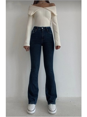 Trn JNS Hot Women Koyu Mavi Ispanyol Paça Kot Pantolon Yüksek Bel Flare Jeans Toparlayıcı