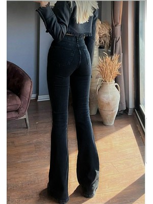 Trn JNS Liana Siyah Ispanyol Paça Kot Pantolon Yüksek Bel Flare Jeans Toparlayıcı Extra Rahat