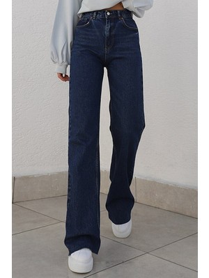 Trn JNS Camelia Gold 90's Lacivert Likralı Süper Yüksek Bel Salaş Jeans Palazzo Pantolon