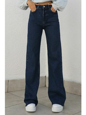 Trn JNS Camelia Ikon Gold Salaş Pantolon Kadın Mavi Likralı Palazzo Modeli Günlük Stil