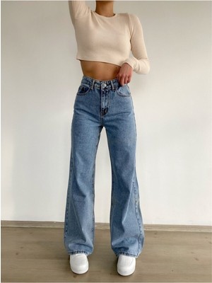 Trn JNS 90`s Likralı Salaş Kadın Orta Kar Mavi Süper Yüksek Bel Bol Paça Denim Kot Pantolon