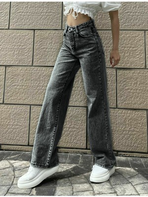 Trn JNS Ikon 90's Füme Likralı Süper Extra Yüksek Bel Palazzo Salaş Jean Pantolon Wide Leg