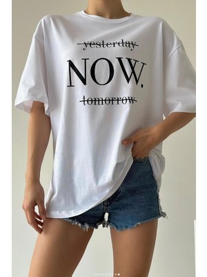 Deli Dolu Moda Kadın Oversize Pamuk Yesterday Baskılı T-Shirt Yesterday