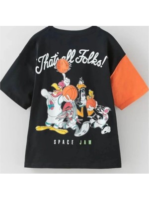 Orca Kids Fashion 5-14 Yaş Aralığı Spacejam Turuncu Kol Detay Tshirt