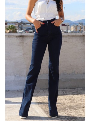 Trn JNS Cazul Flare Likralı Solmaz Koyu Mavi Ispanyol Ispanyol Paça Jean Yüksek Bel Kot Pantolon