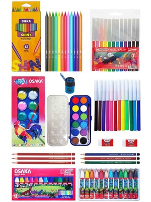 Acuto 13 Parça Okula Dönüş Seti Kuru Boya Sulu Boya Pastel Boya Keçeli Kalem Renkli Kırtasiye