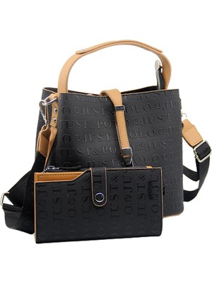 Just Polo Baskı Desenli Özel Seri Çanta Cüzdan Kombini 4002-GD  Siyahtaba Kombin